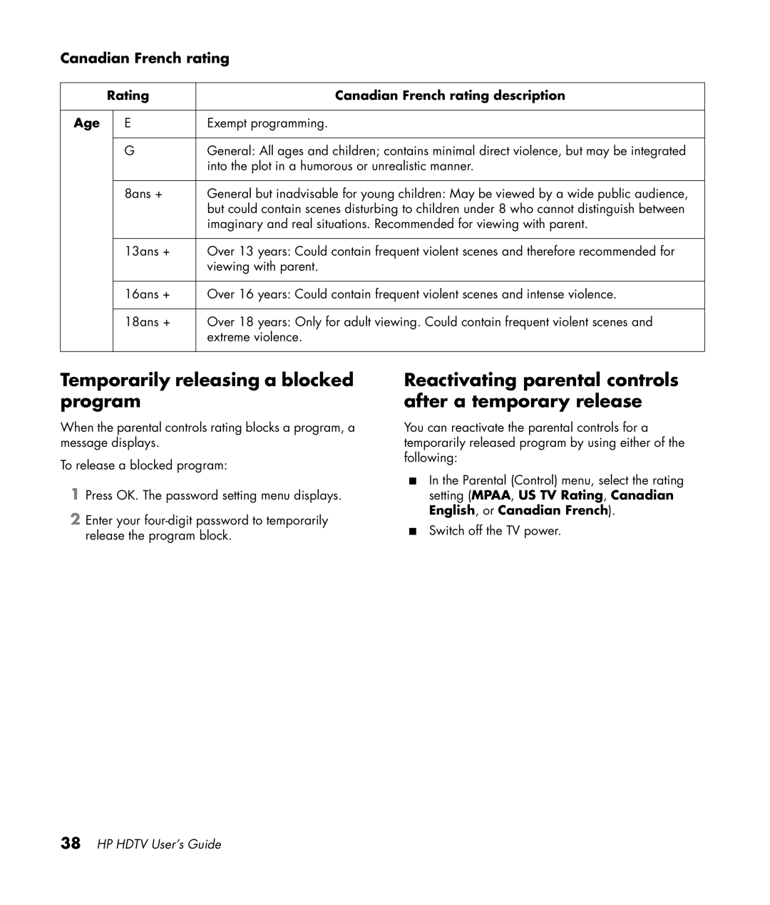 HP LC3772N 37 inch manual Temporarily releasing a blocked program, Reactivating parental controls after a temporary release 