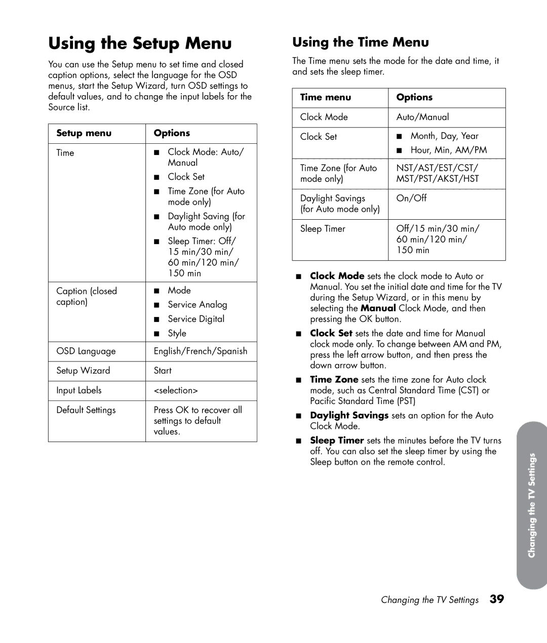 HP LC3272N 32 inch, LC3772N 37 inch manual Using the Setup Menu, Using the Time Menu, Setup menu Options, Time menu Options 