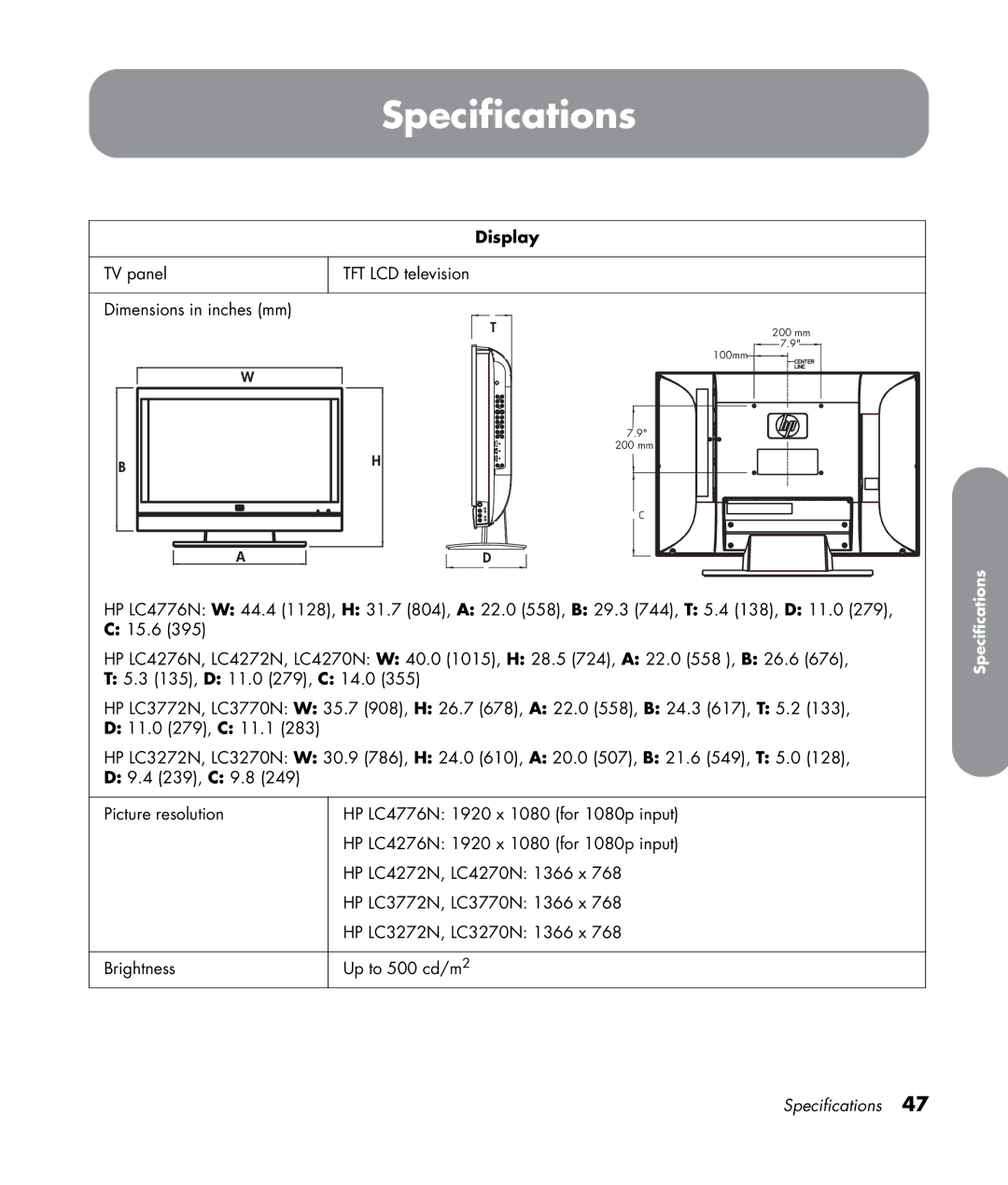 HP LC3272N 32 inch, LC3772N 37 inch, LC4276N 42 inch, LC4776N 47 inch manual Specifications, Display 