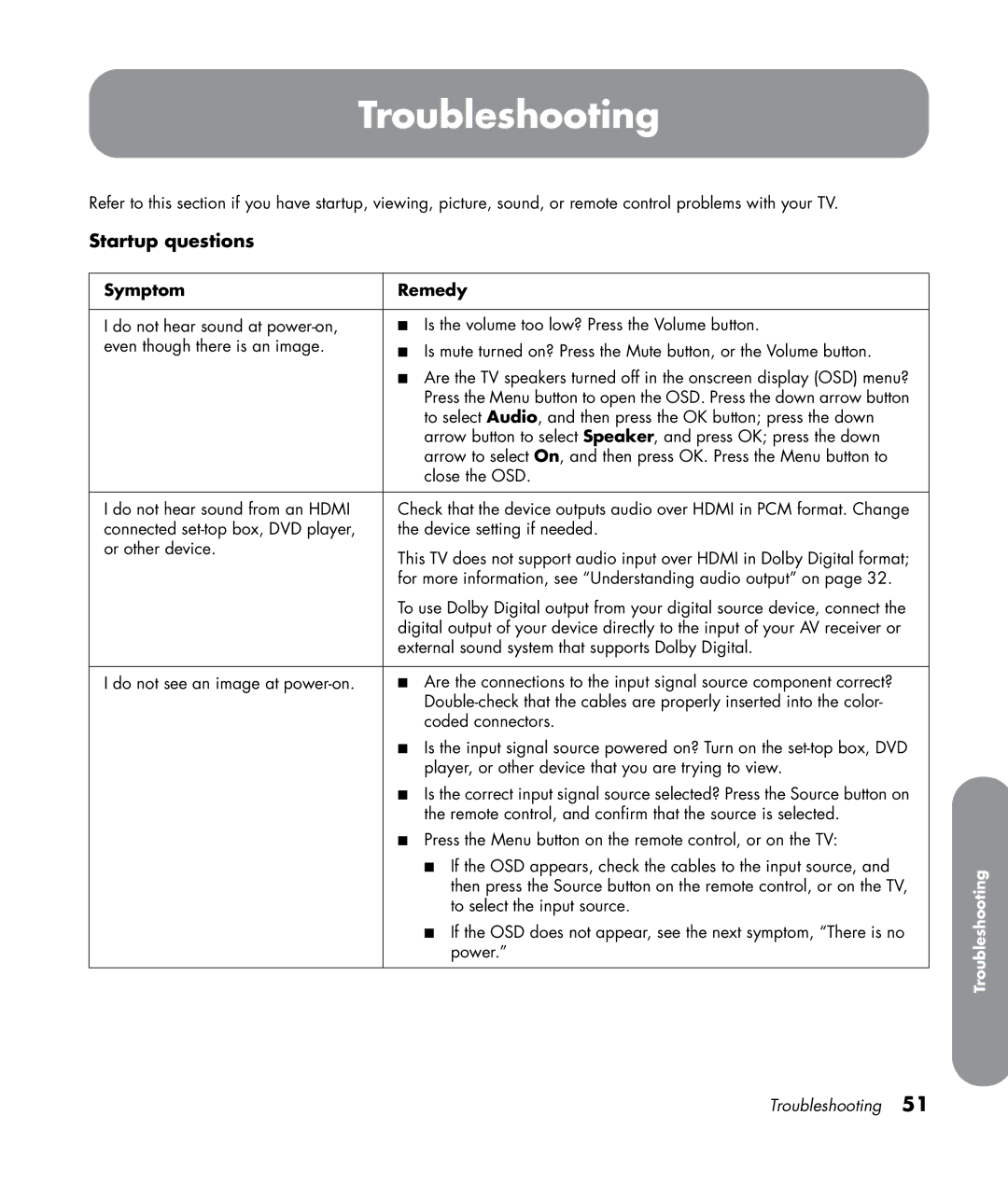 HP LC3272N 32 inch, LC3772N 37 inch, LC4276N 42 inch, LC4776N 47 inch Troubleshooting, Startup questions, Symptom Remedy 