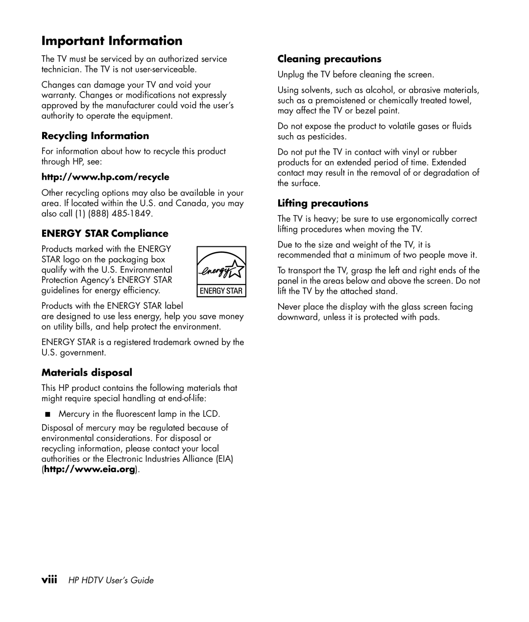 HP LC3772N 37 inch, LC3272N 32 inch, LC4276N 42 inch, LC4776N 47 inch manual Important Information 