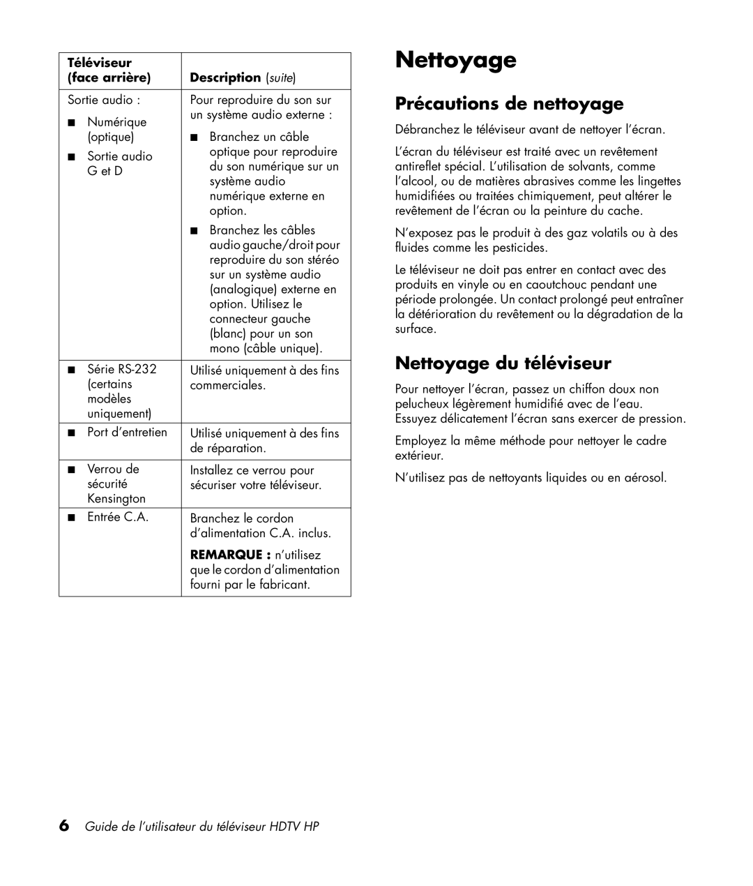 HP LC3772N 37 inch, LC3272N 32 inch manual Précautions de nettoyage, Nettoyage du téléviseur, Remarque n’utilisez 