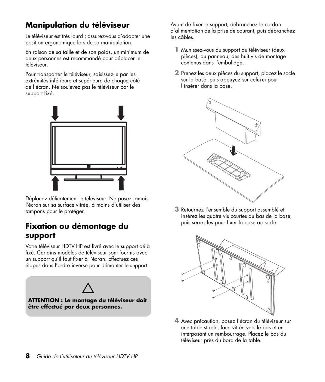 HP LC4276N 42 inch, LC3772N 37 inch, LC3272N 32 inch manual Manipulation du téléviseur, Fixation ou démontage du support 