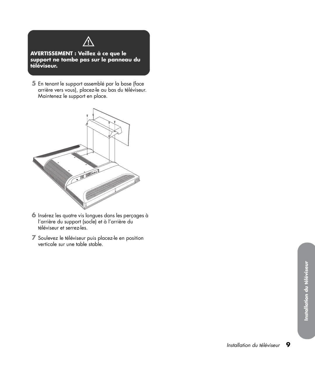 HP LC4776N 47 inch, LC3772N 37 inch, LC3272N 32 inch, LC4276N 42 inch manual Installation du téléviseur 