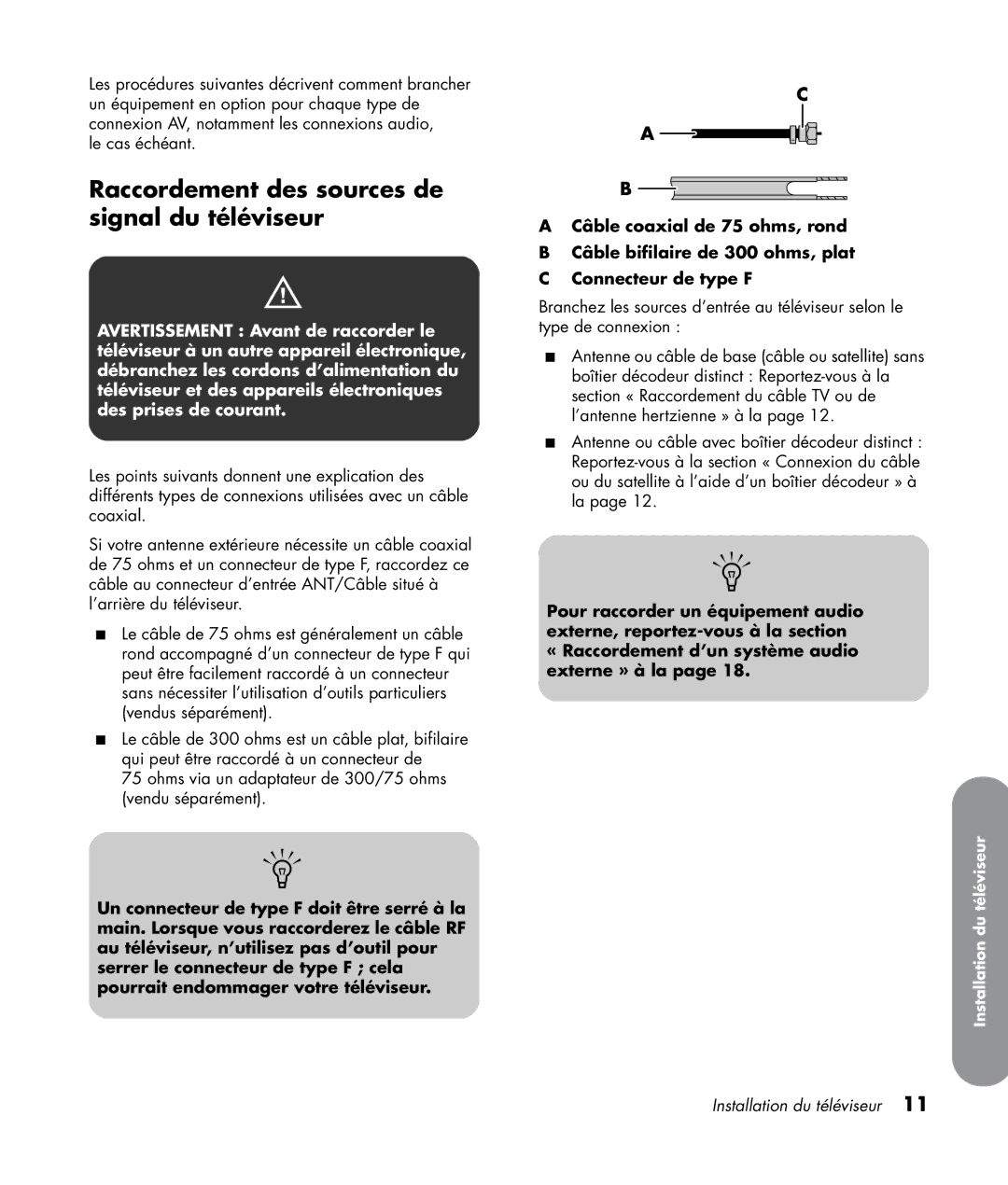 HP LC3272N 32 inch, LC3772N 37 inch, LC4276N 42 inch, LC4776N 47 inch manual Raccordement des sources de signal du téléviseur 