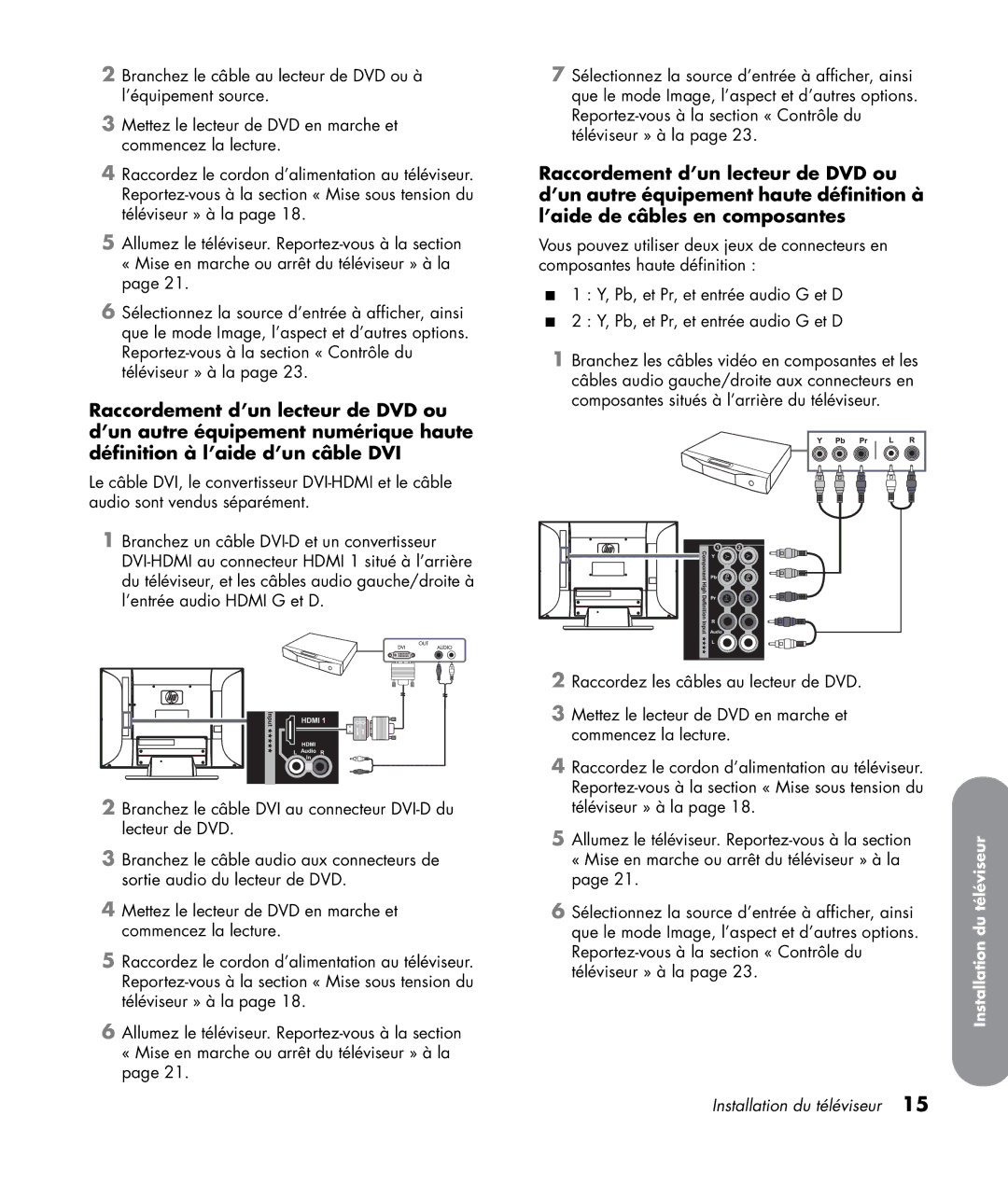 HP LC3272N 32 inch, LC3772N 37 inch, LC4276N 42 inch, LC4776N 47 inch manual Installation du téléviseur 