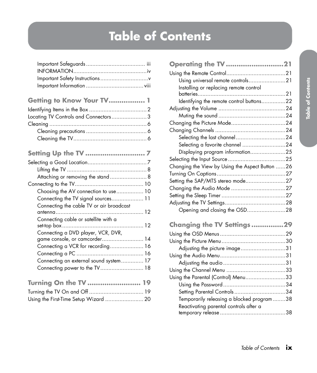 HP LC3272N 32 inch, LC3772N 37 inch, LC4276N 42 inch, LC4776N 47 inch manual Table of Contents 