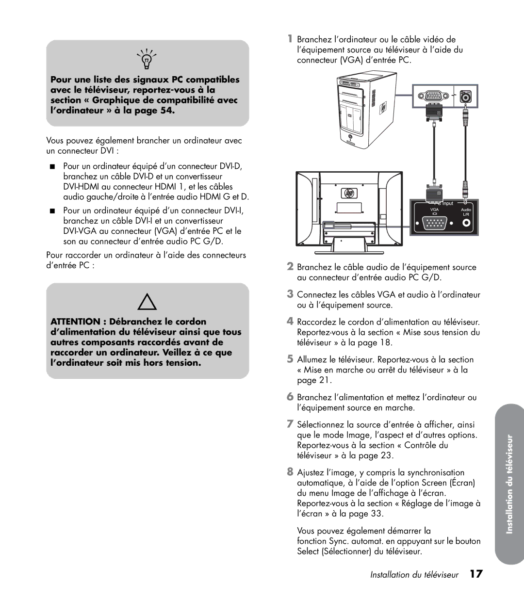 HP LC4776N 47 inch, LC3772N 37 inch, LC3272N 32 inch, LC4276N 42 inch manual Installation du téléviseur 