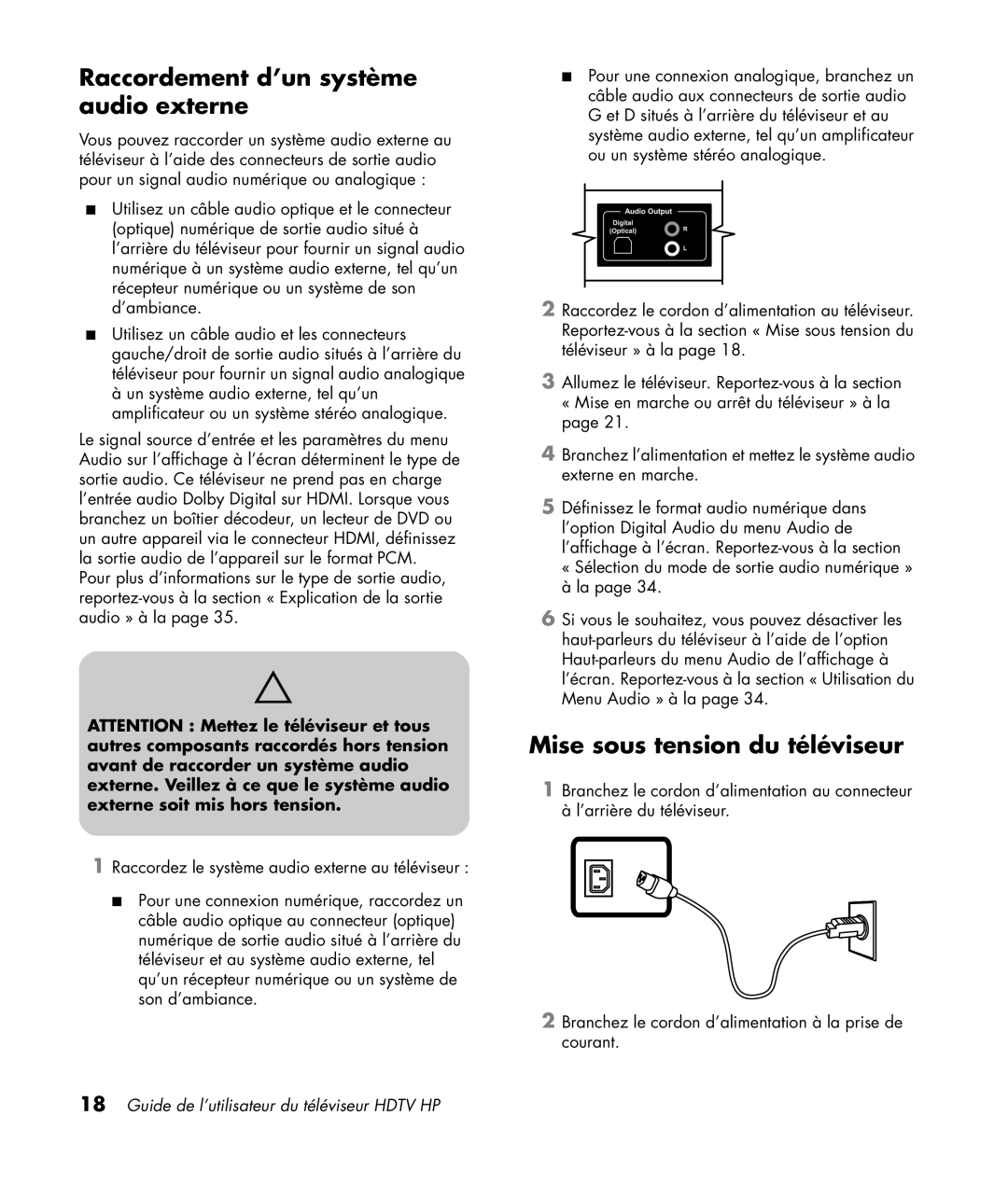 HP LC3772N 37 inch, LC3272N 32 inch manual Raccordement d’un système audio externe, Mise sous tension du téléviseur 