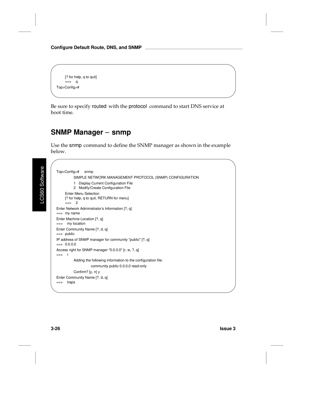 HP LCS60 manual Snmp Manager snmp, Simple Network Management Protocol Snmp Configuration 