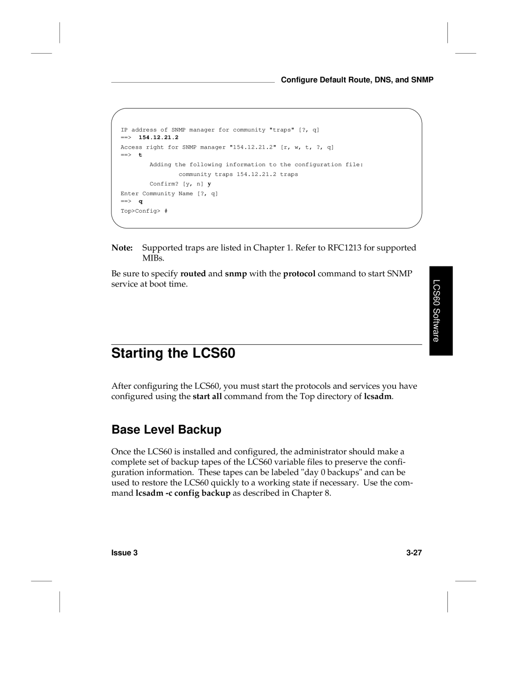 HP manual Starting the LCS60, Base Level Backup 