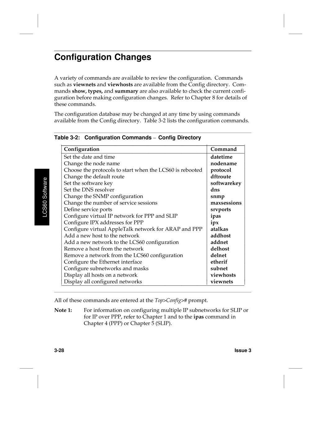 HP LCS60 manual Configuration Changes, Configuration Commands Config Directory 