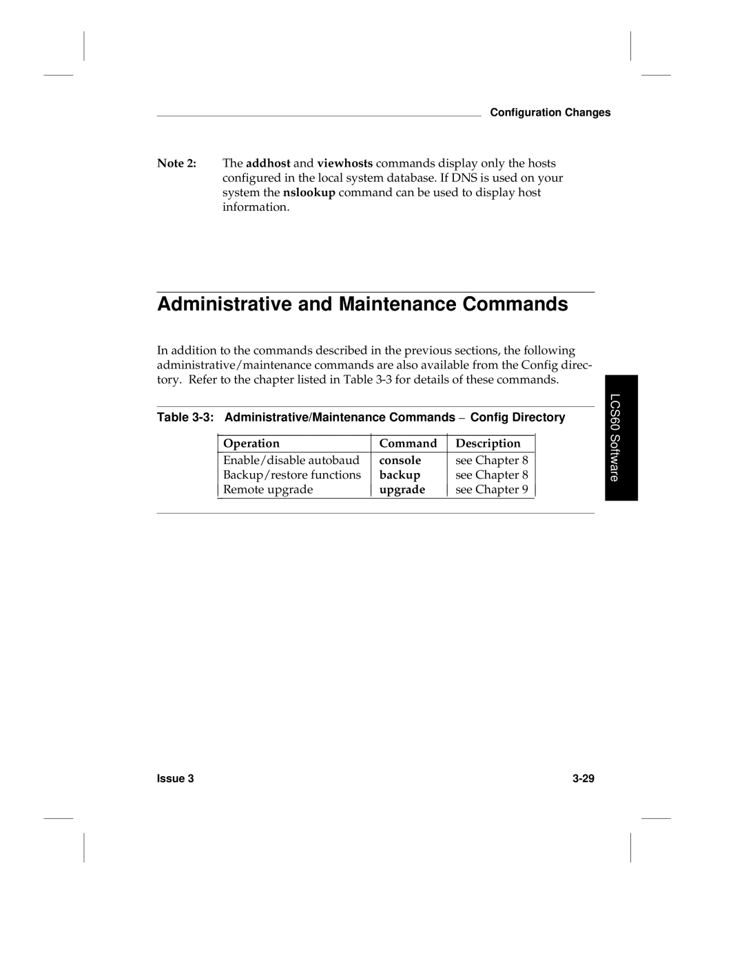 HP LCS60 manual Administrative and Maintenance Commands, Administrative/Maintenance Commands Config Directory 