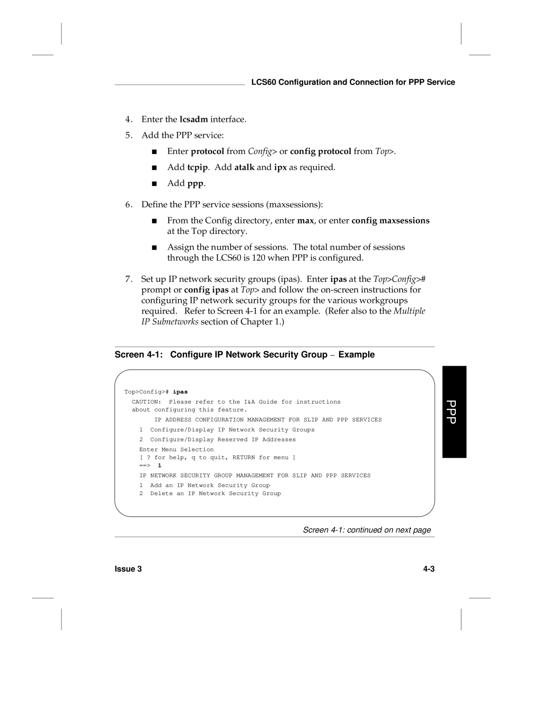 HP LCS60 manual Enter the lcsadm interface Add the PPP service, Enter protocol from Config or config protocol from Top 