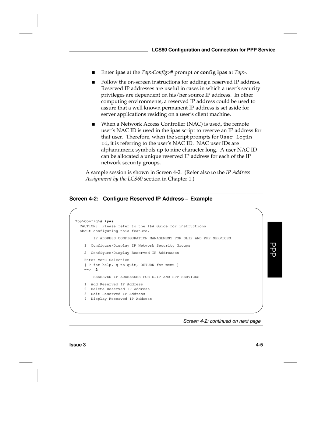 HP LCS60 manual Screen 4-2 Configure Reserved IP Address Example, Reserved IP Addresses for Slip and PPP Services 