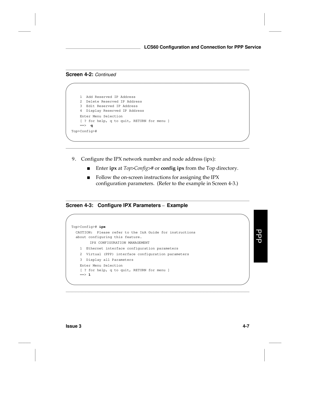 HP LCS60 manual Screen 4-3 Configure IPX Parameters Example, IPX Configuration Management 