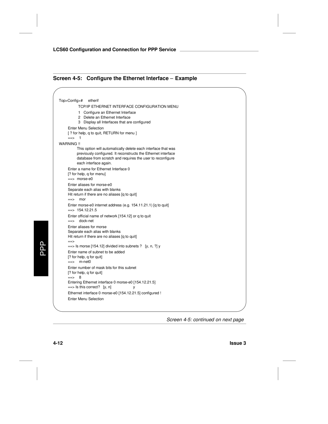 HP LCS60 manual Screen 4-5 Configure the Ethernet Interface Example, TCP/IP Ethernet Interface Configuration Menu 