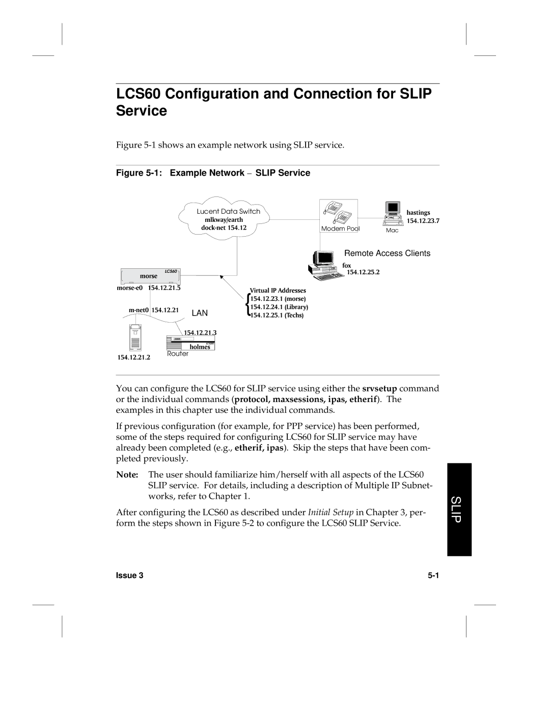 HP manual LCS60 Configuration and Connection for Slip Service, Shows an example network using Slip service 