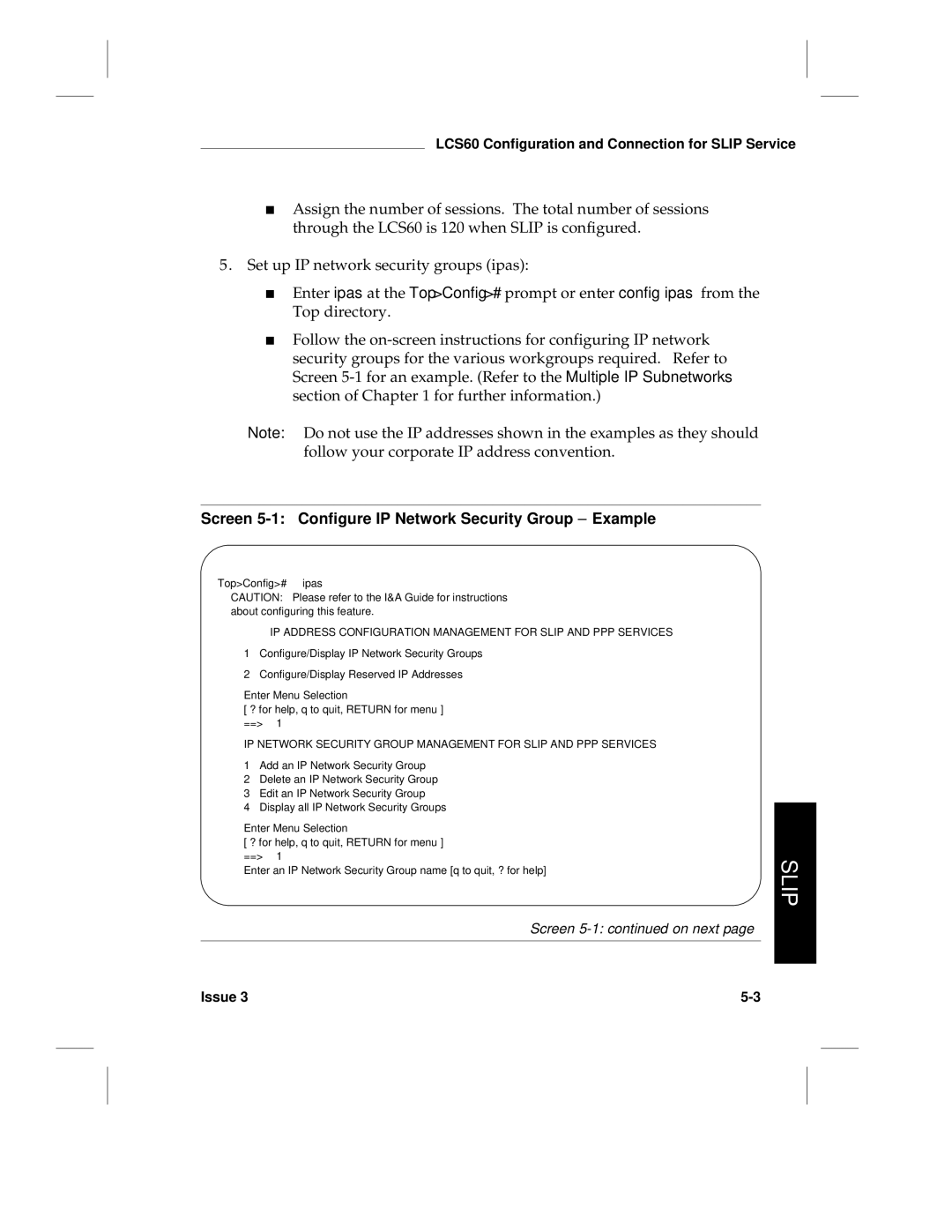 HP LCS60 manual Screen 5-1 Configure IP Network Security Group Example 