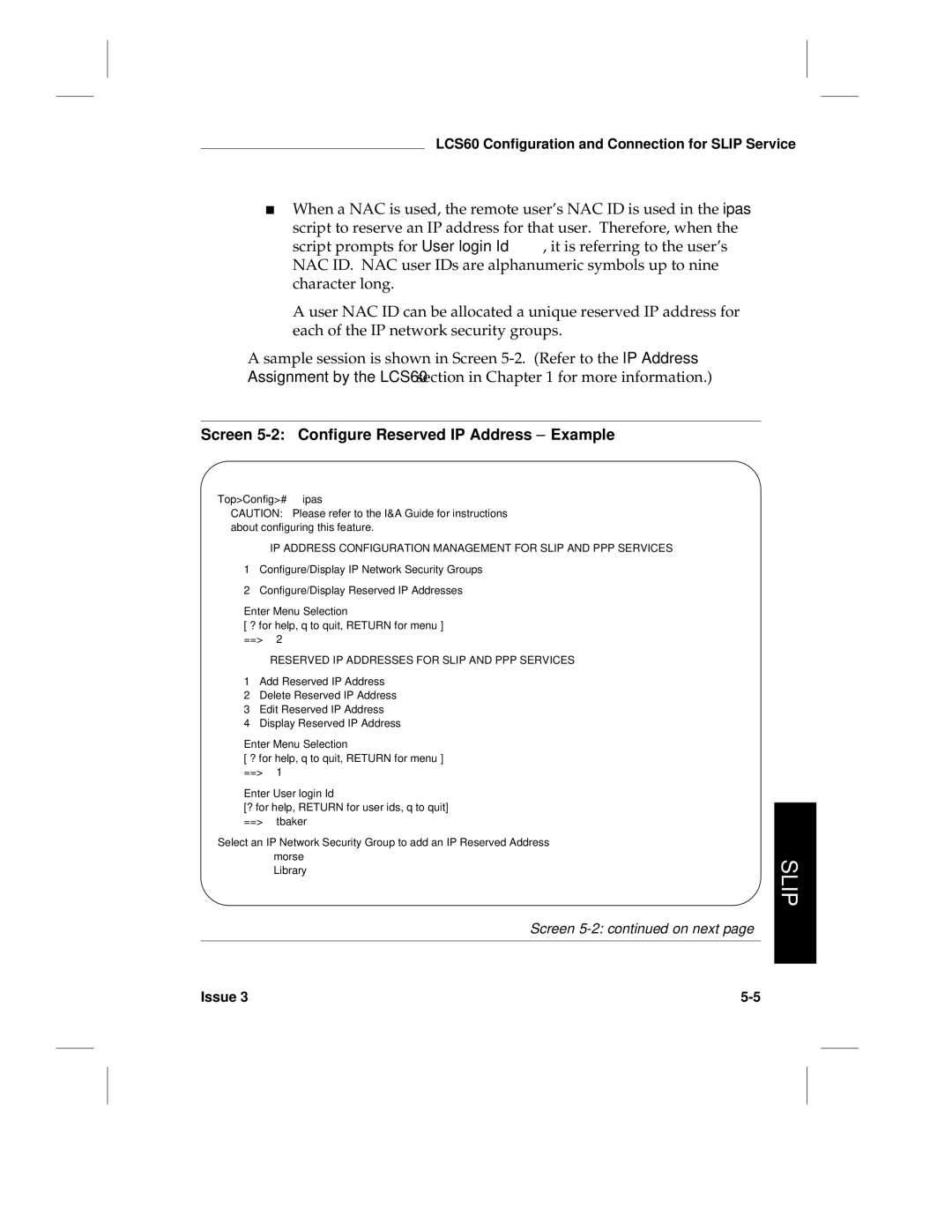 HP LCS60 manual Screen 5-2 Configure Reserved IP Address Example, Reserved IP Addresses for Slip and PPP Services 