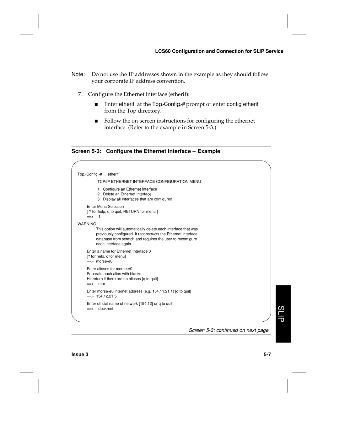 HP LCS60 manual Screen 5-3 Configure the Ethernet Interface Example, TCP/IP Ethernet Interface Configuration Menu 