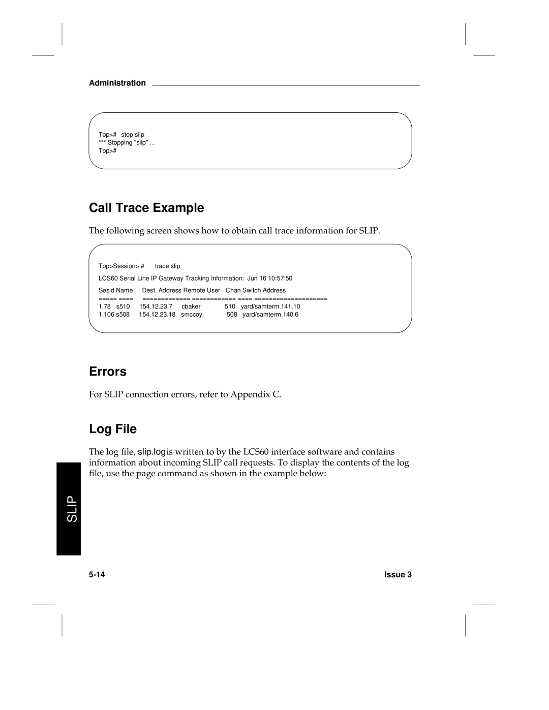 HP LCS60 manual Errors, For Slip connection errors, refer to Appendix C, Top# stop slip, # trace slip 