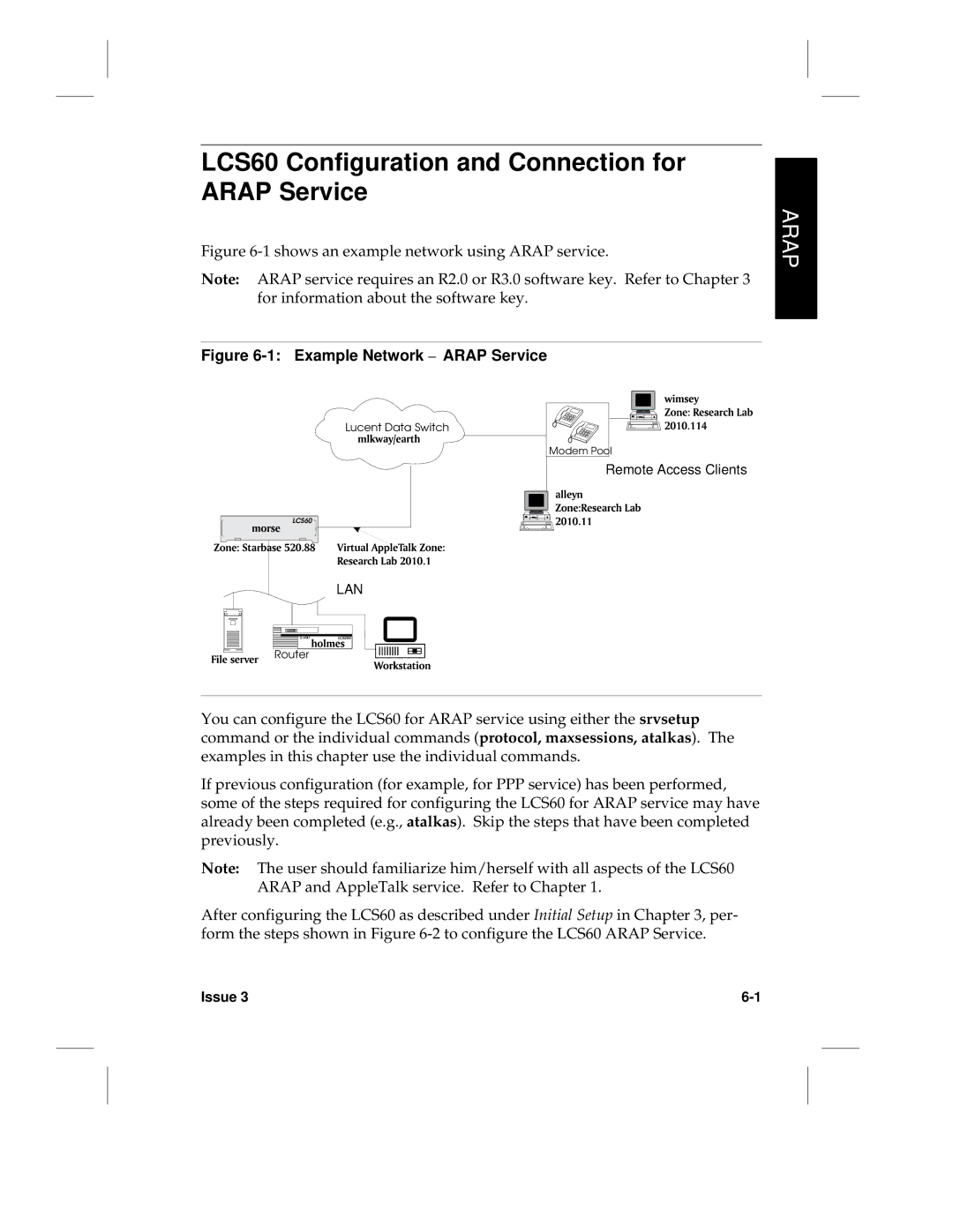 HP manual LCS60 Configuration and Connection for Arap Service, Shows an example network using Arap service 