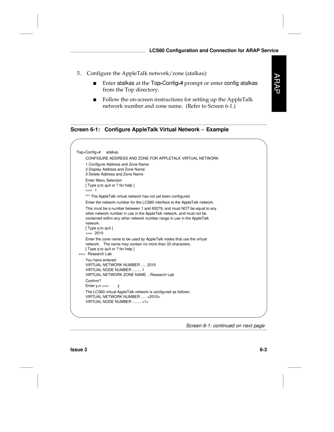 HP LCS60 manual Screen 6-1 Configure AppleTalk Virtual Network Example, Virtual Node Number 