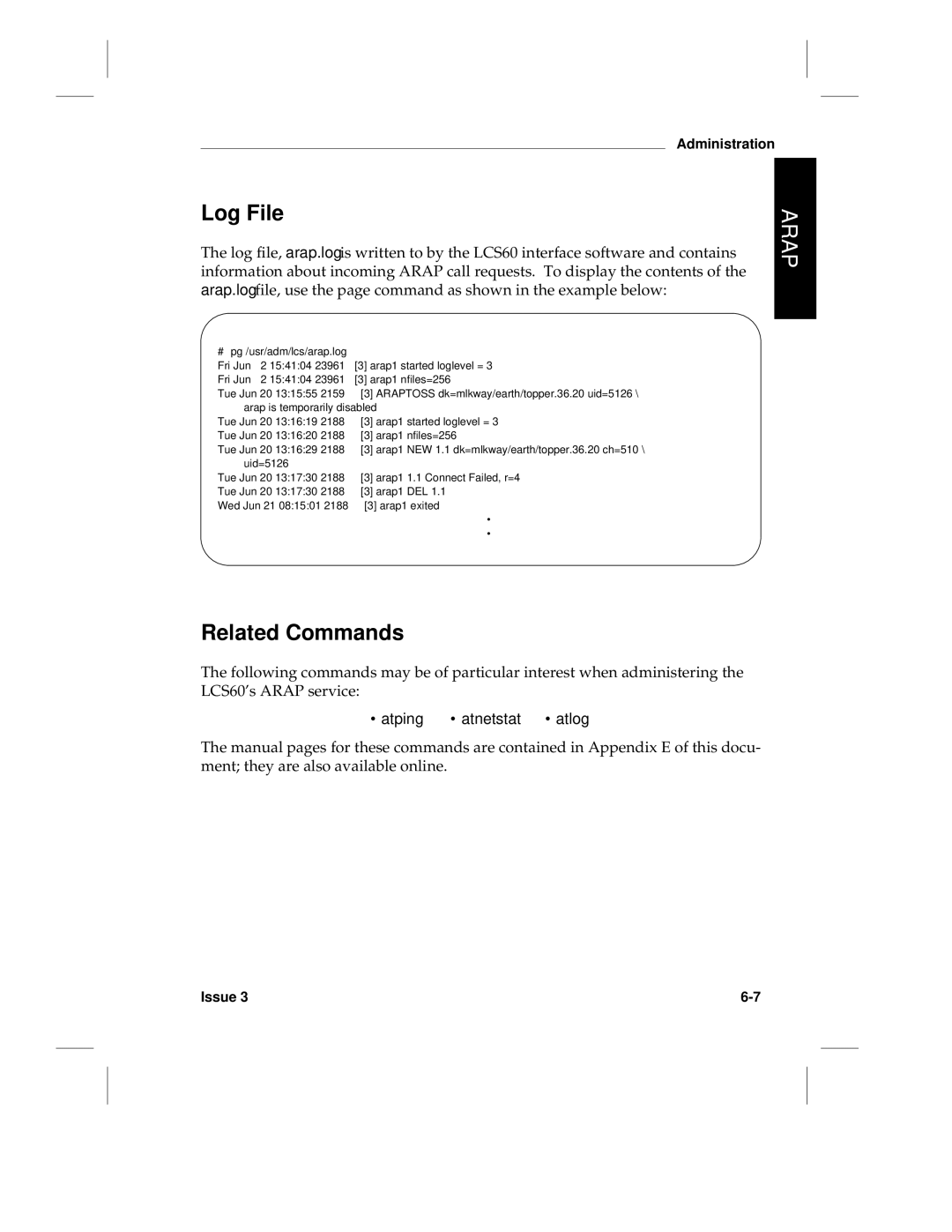 HP LCS60 manual ∙ atping ∙ atnetstat ∙ atlog, # pg /usr/adm/lcs/arap.log 