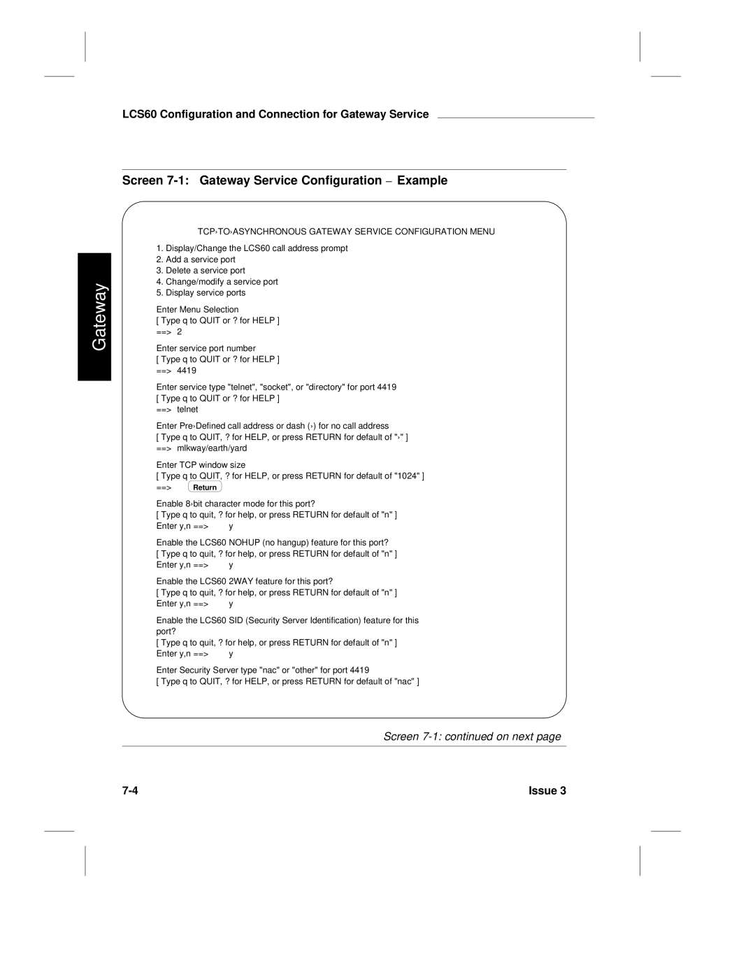 HP LCS60 manual Screen 7-1 Gateway Service Configuration Example, TCP-TO-ASYNCHRONOUS Gateway Service Configuration Menu 