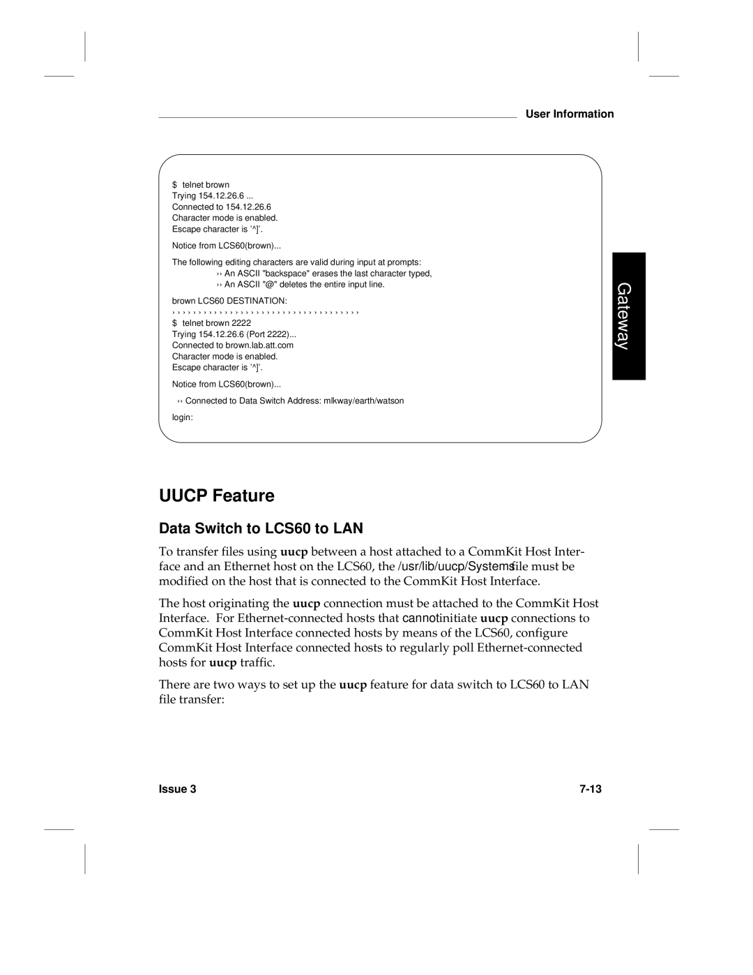 HP manual Uucp Feature, Data Switch to LCS60 to LAN, $ telnet brown 