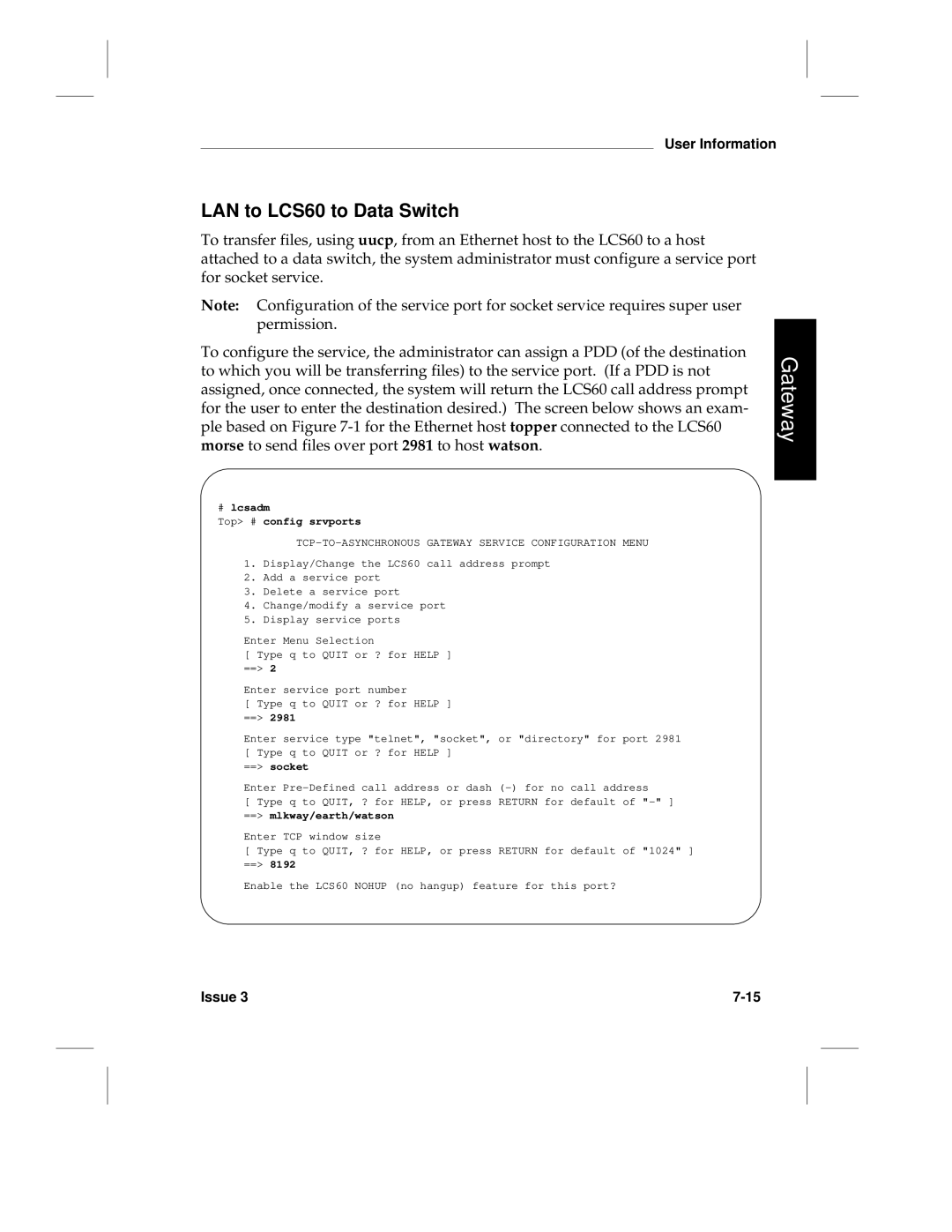 HP manual LAN to LCS60 to Data Switch, # lcsadm Top # config srvports 