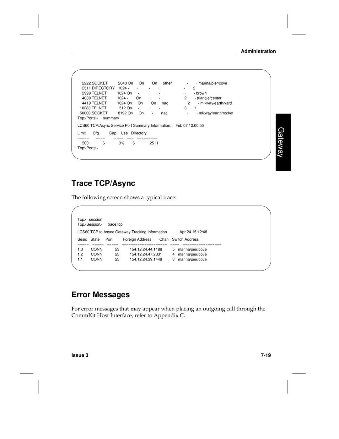 HP LCS60 manual Trace TCP/Async, Error Messages, Following screen shows a typical trace, Conn 