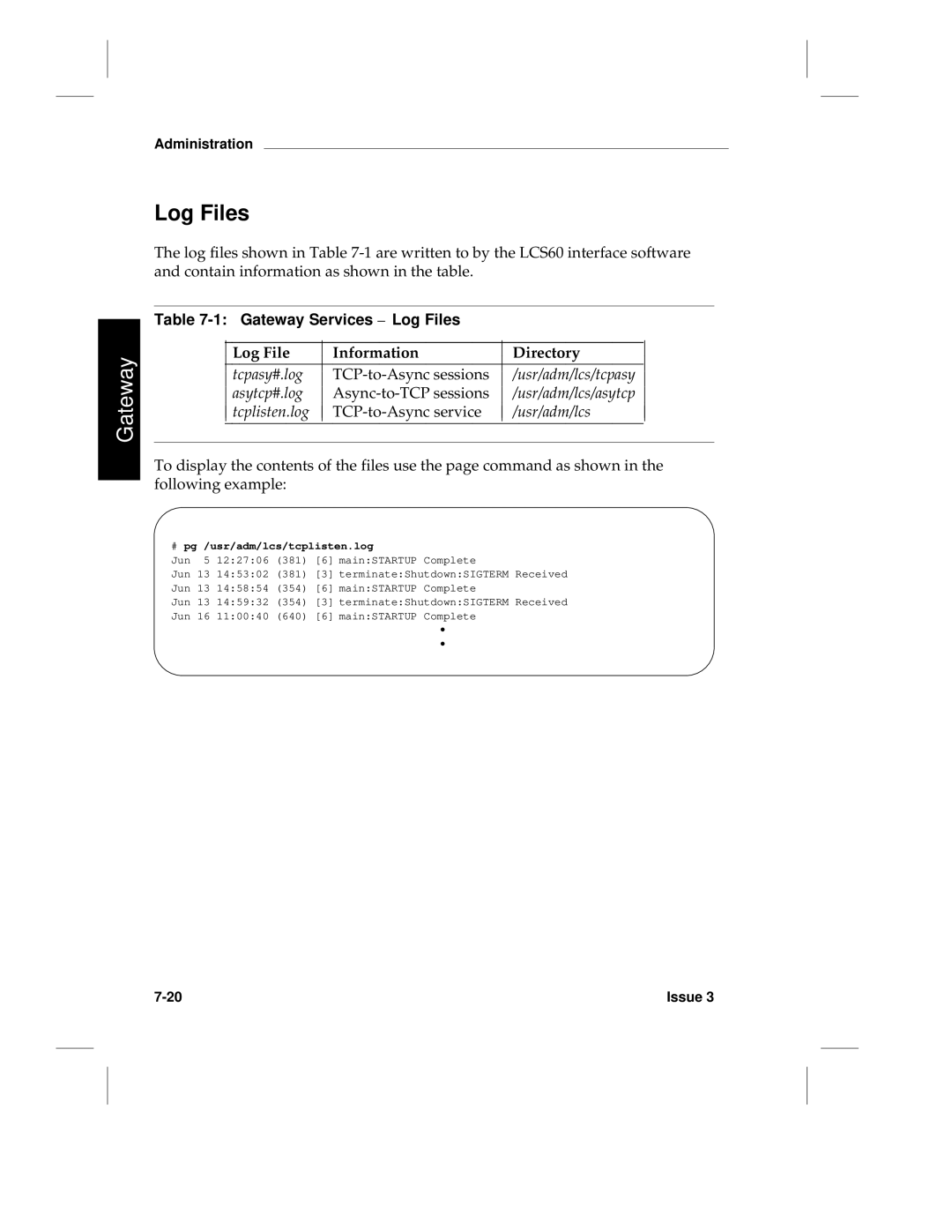 HP LCS60 manual Gateway Services Log Files, ⎜ Log File Information Directory 