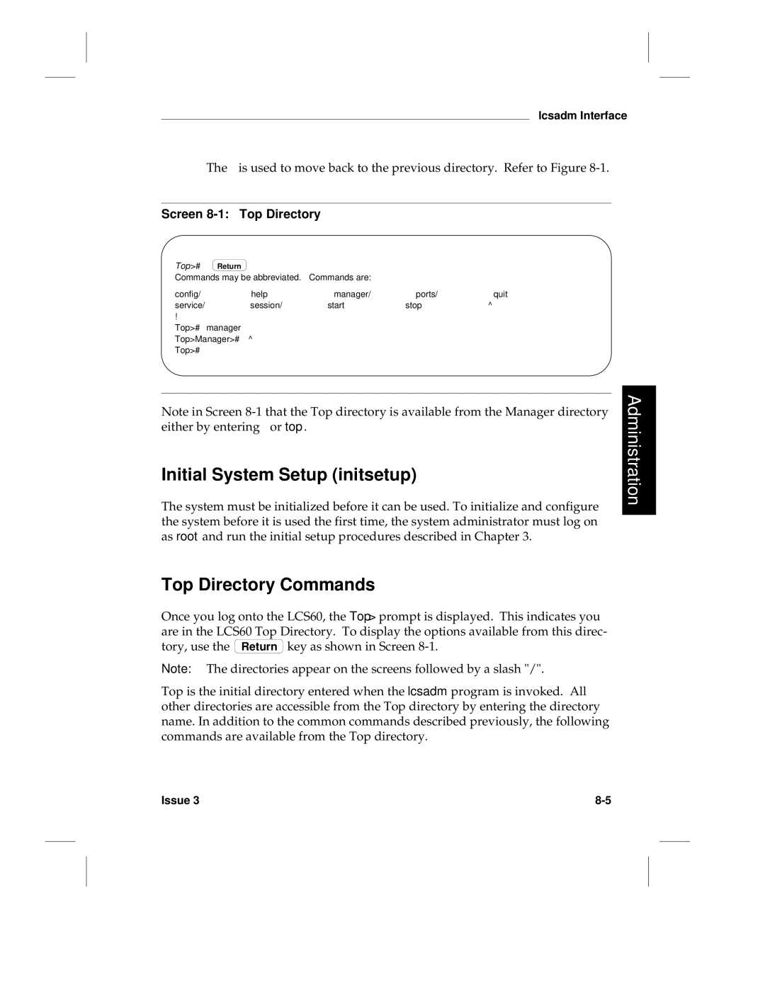 HP LCS60 manual Initial System Setup initsetup, Top Directory Commands, Screen 8-1 Top Directory, Top# manager 