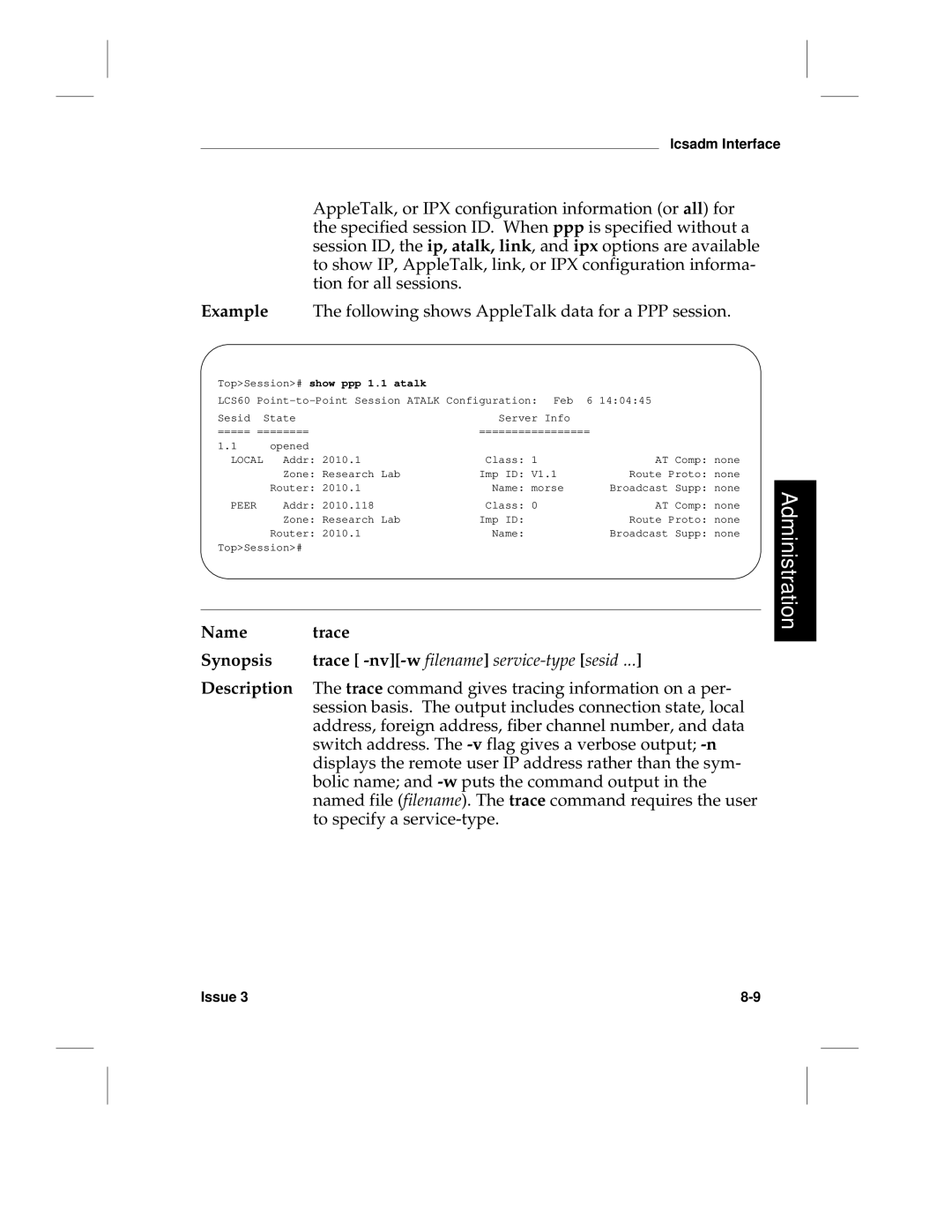 HP LCS60 manual Name trace Synopsis, TopSession# show ppp 1.1 atalk 