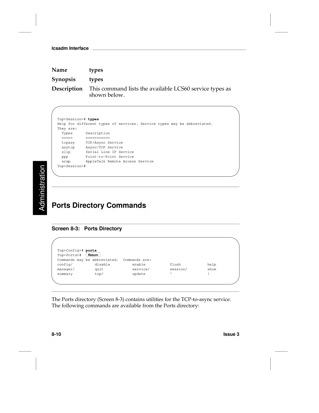 HP LCS60 manual Ports Directory Commands, Screen 8-3 Ports Directory 