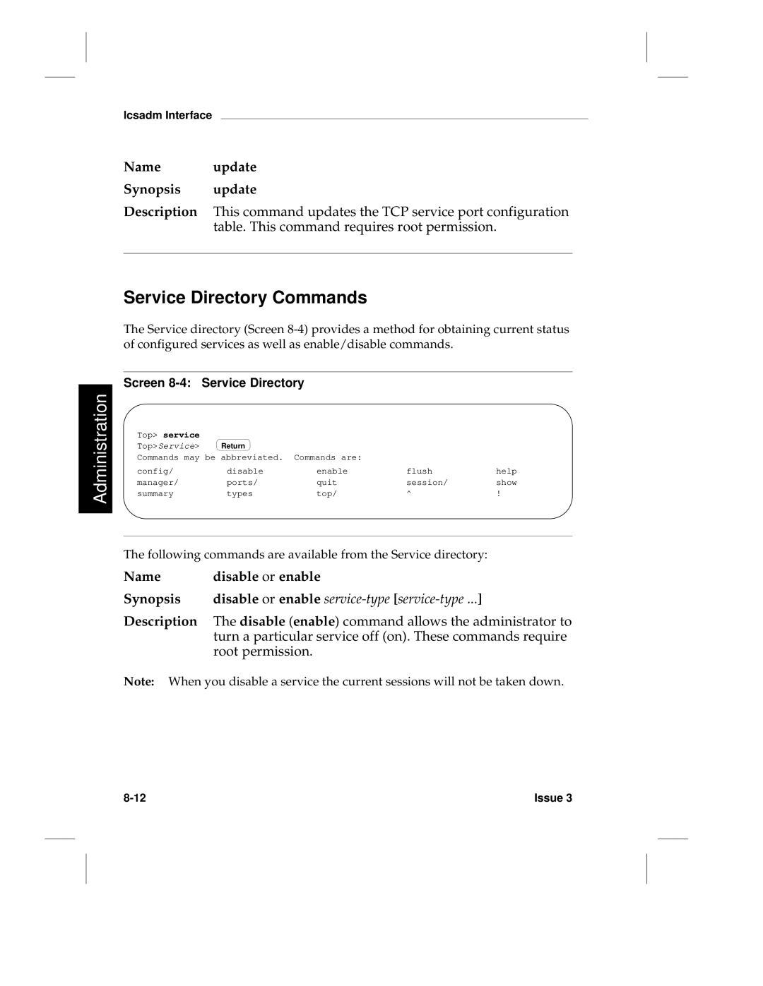 HP LCS60 manual Service Directory Commands, Screen 8-4 Service Directory, Top service 