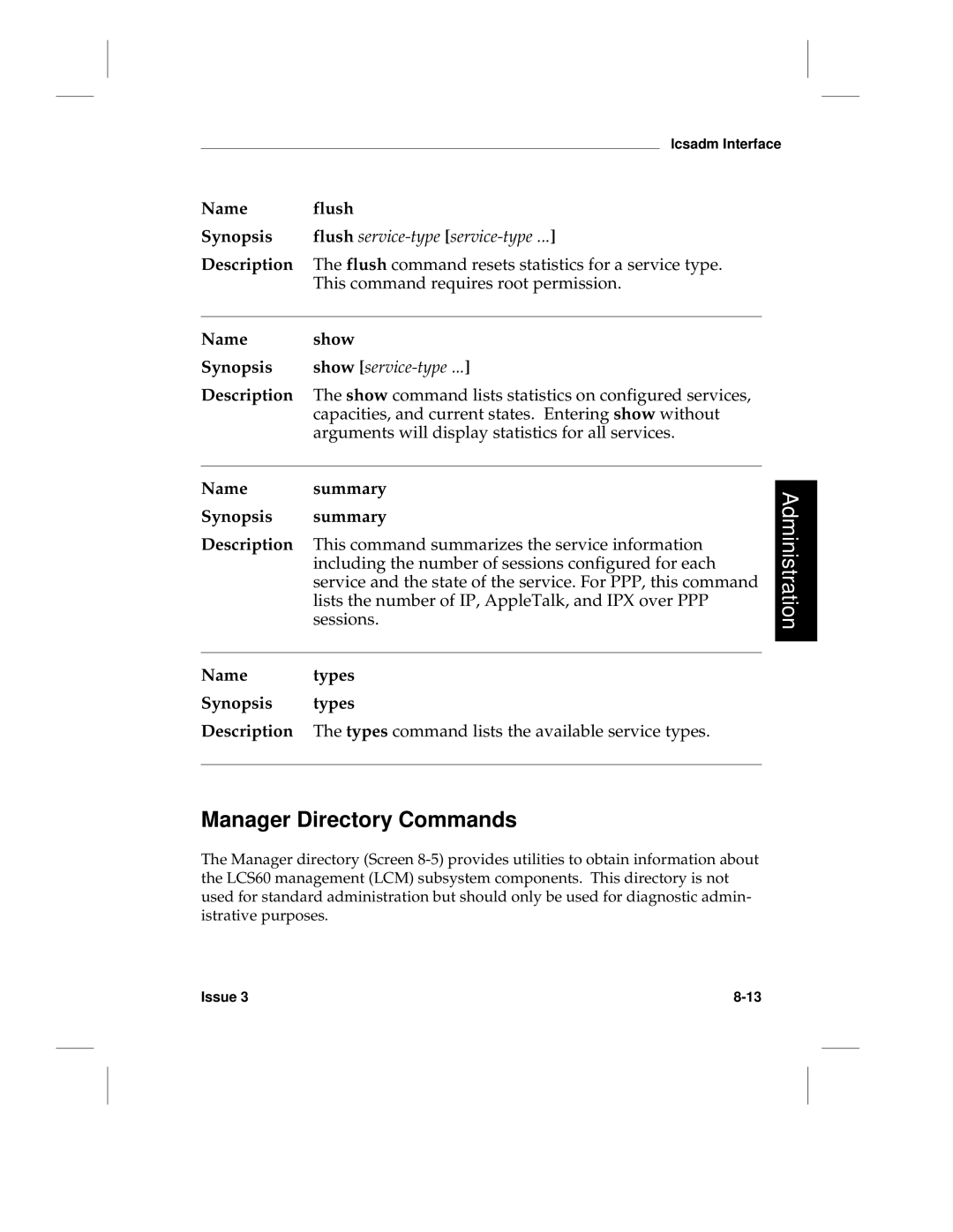 HP LCS60 manual Manager Directory Commands, Flush service-type service-type 