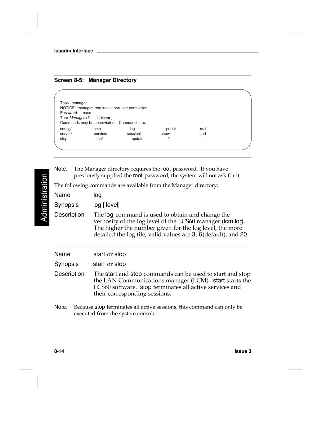 HP LCS60 manual Screen 8-5 Manager Directory, Following commands are available from the Manager directory, Top manager 