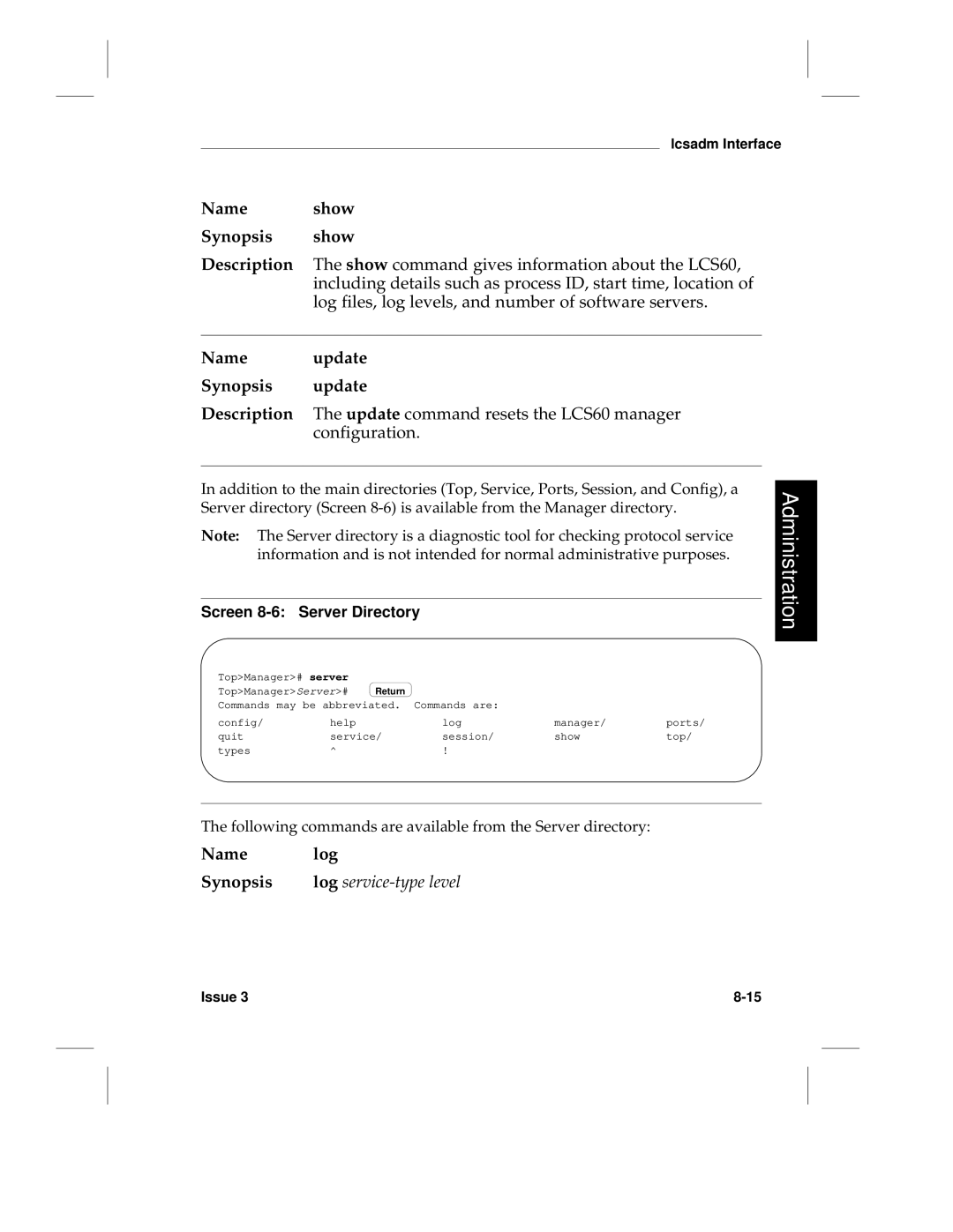 HP LCS60 manual Screen 8-6 Server Directory, Following commands are available from the Server directory 