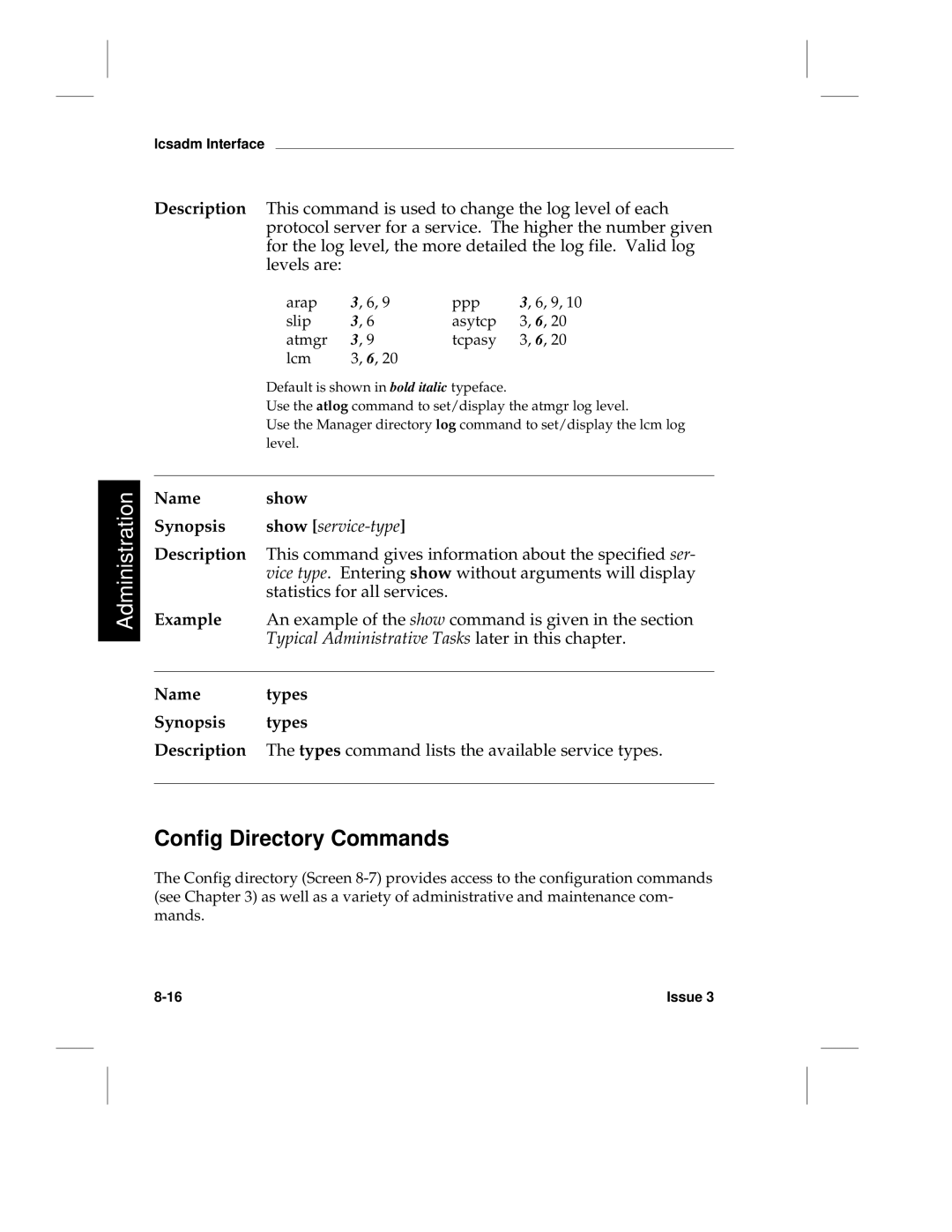 HP LCS60 manual Config Directory Commands, Arap Ppp Slip Asytcp Atmgr Tcpasy Lcm 