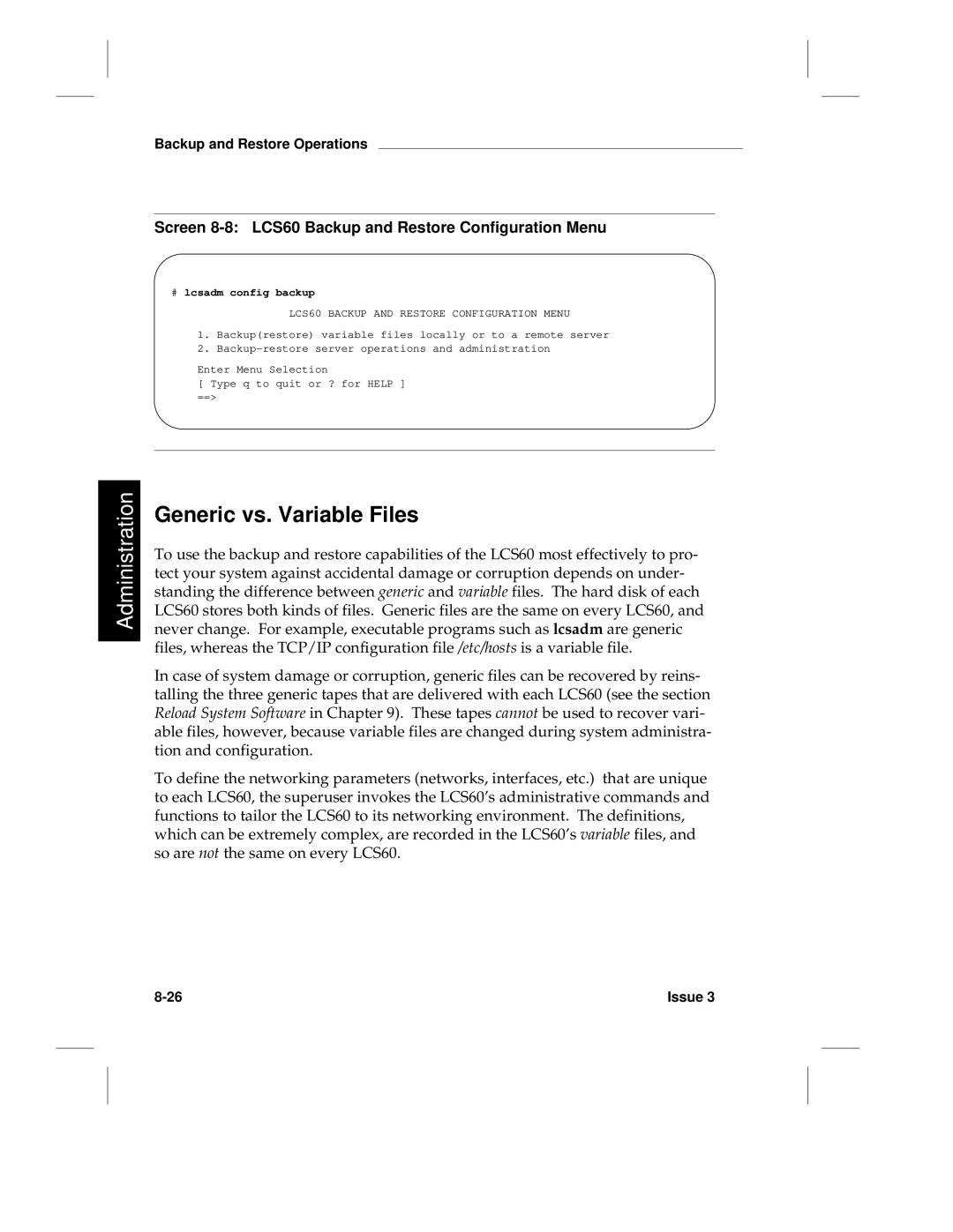 HP manual Generic vs. Variable Files, Screen 8-8 LCS60 Backup and Restore Configuration Menu, # lcsadm config backup 