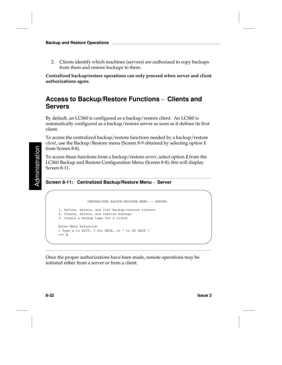 HP LCS60 manual Access to Backup/Restore Functions Clients Servers, Screen 8-11 Centralized Backup/Restore Menu Server 