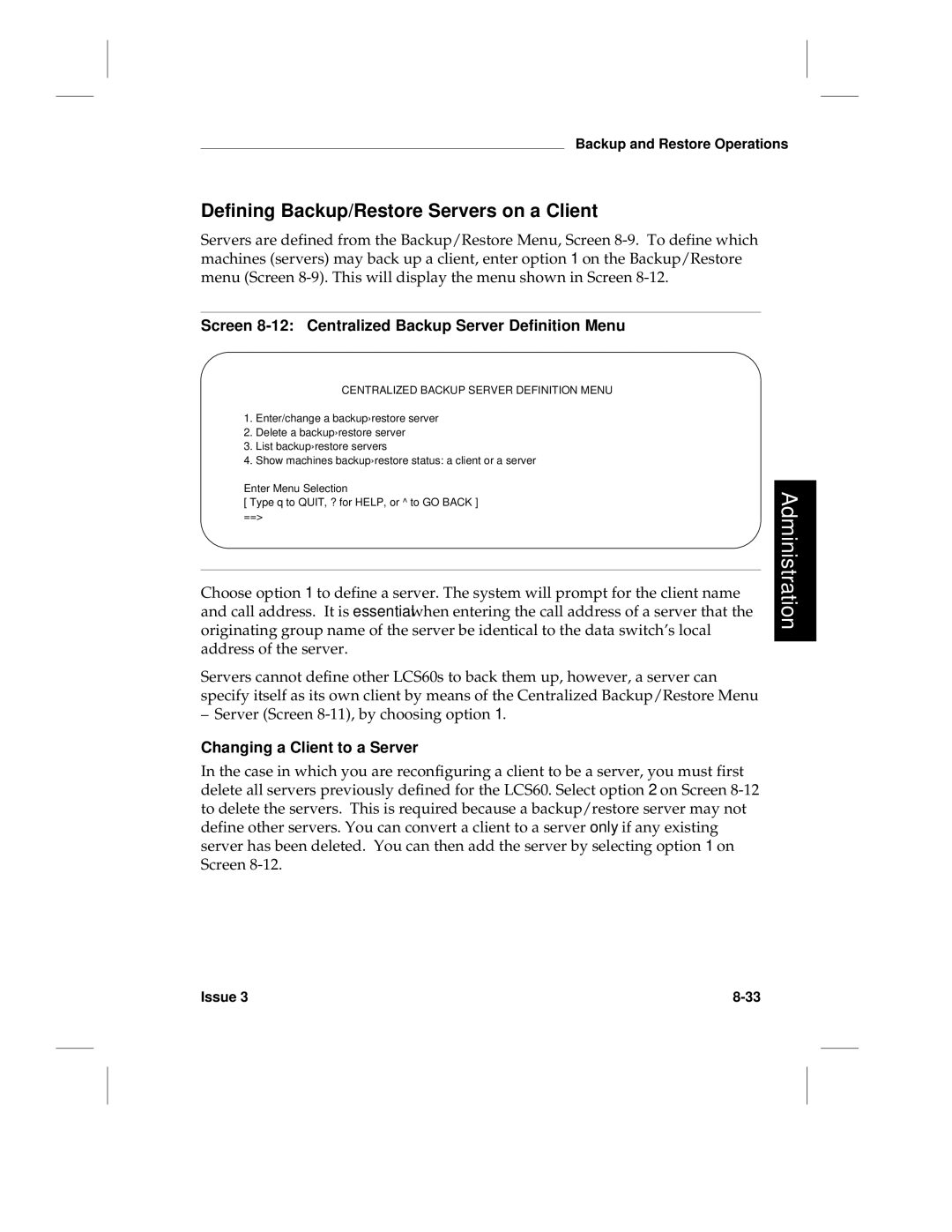 HP LCS60 manual Defining Backup/Restore Servers on a Client, Screen 8-12 Centralized Backup Server Definition Menu 