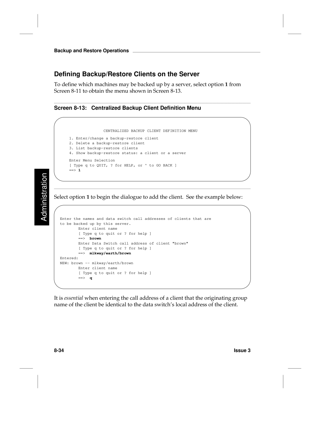 HP LCS60 manual Defining Backup/Restore Clients on the Server, Screen 8-13 Centralized Backup Client Definition Menu 