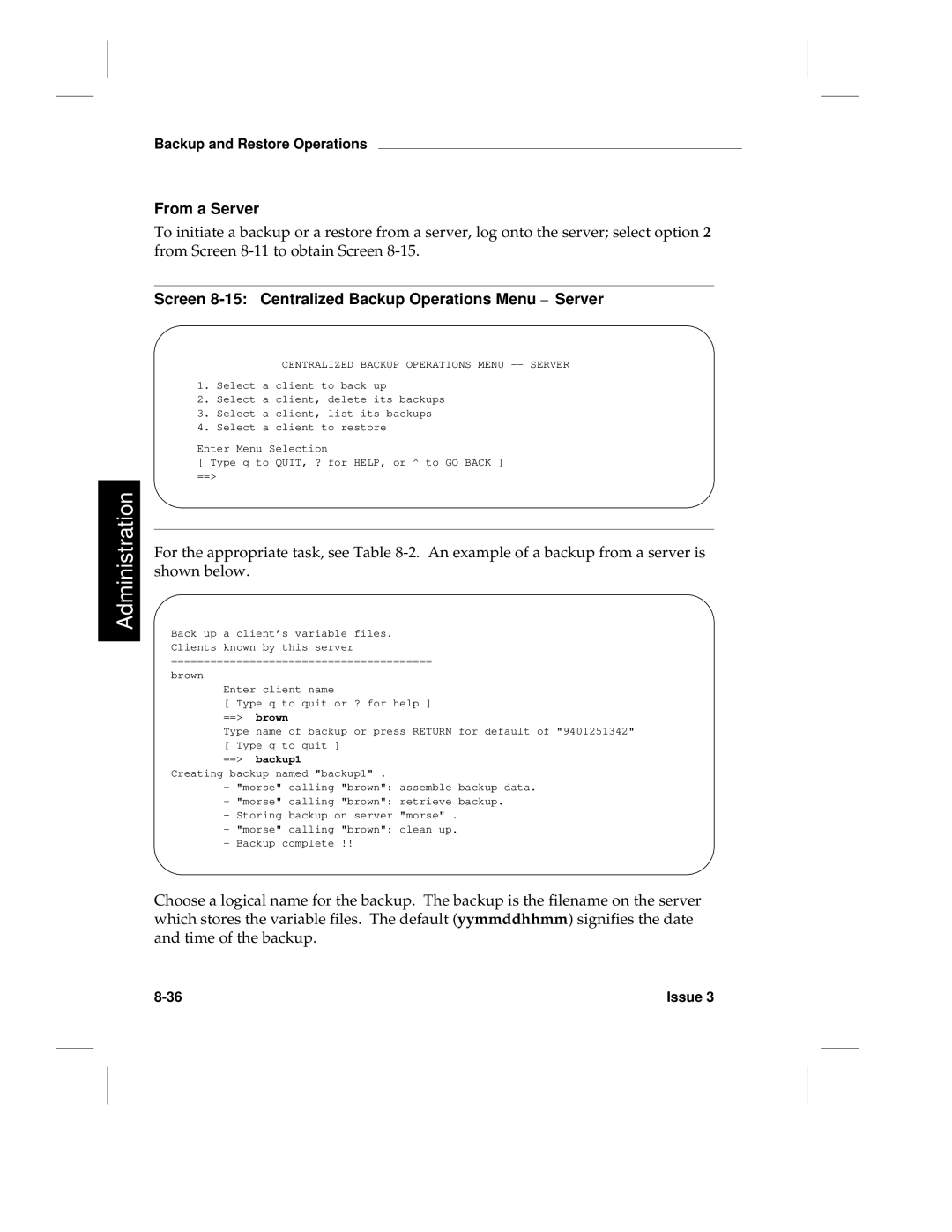 HP LCS60 manual From a Server, Screen 8-15 Centralized Backup Operations Menu Server, == backup1 