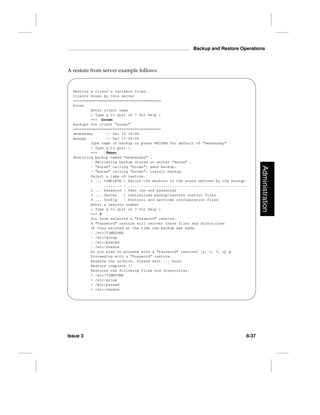 HP LCS60 manual Restore from server example follows, == brown 