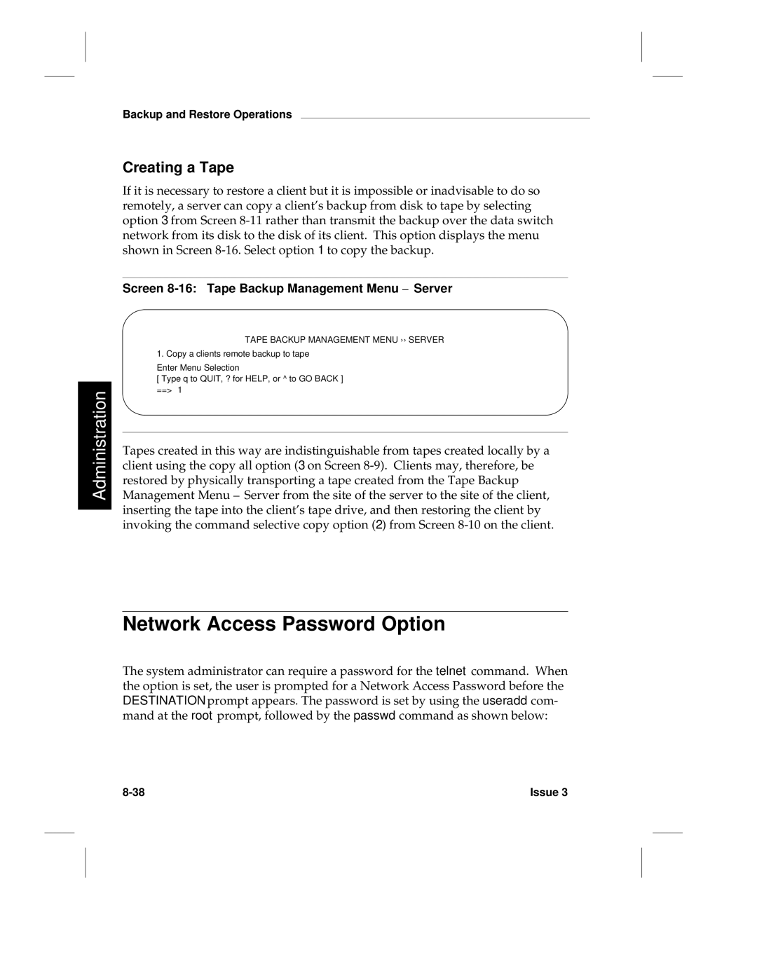 HP LCS60 manual Network Access Password Option, Creating a Tape, Screen 8-16 Tape Backup Management Menu Server 