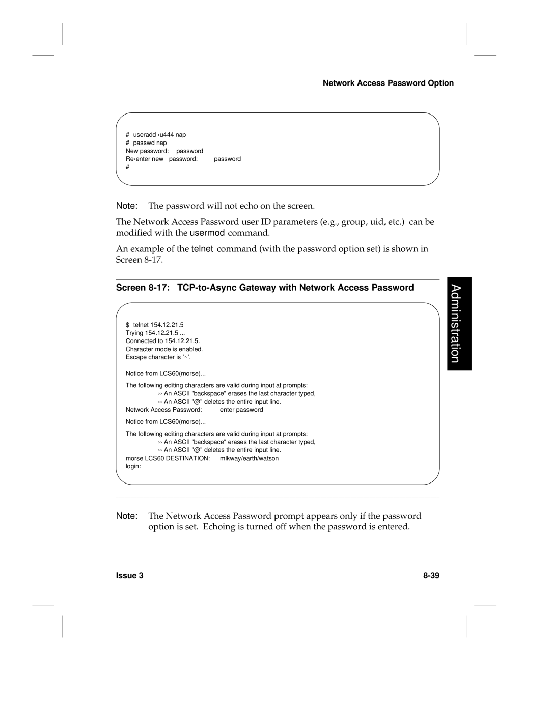 HP LCS60 manual # useradd -u444 nap # passwd nap, $ telnet 